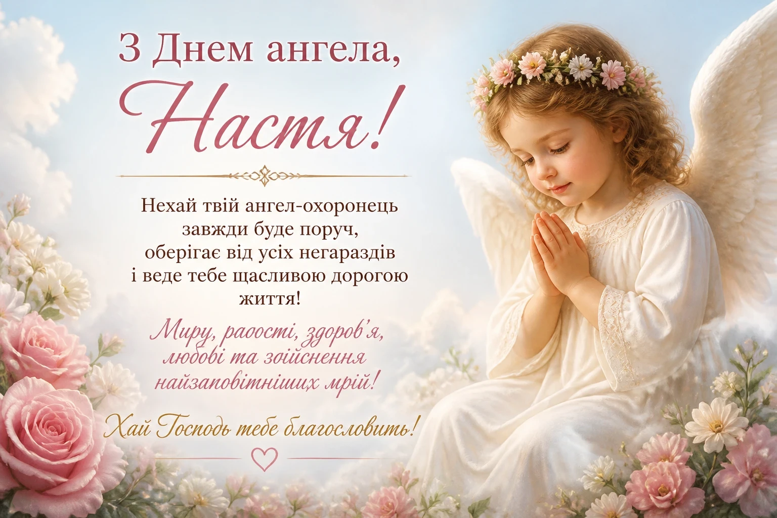 Щирі привітання з днем ангела для Насті з найкращими побажаннями